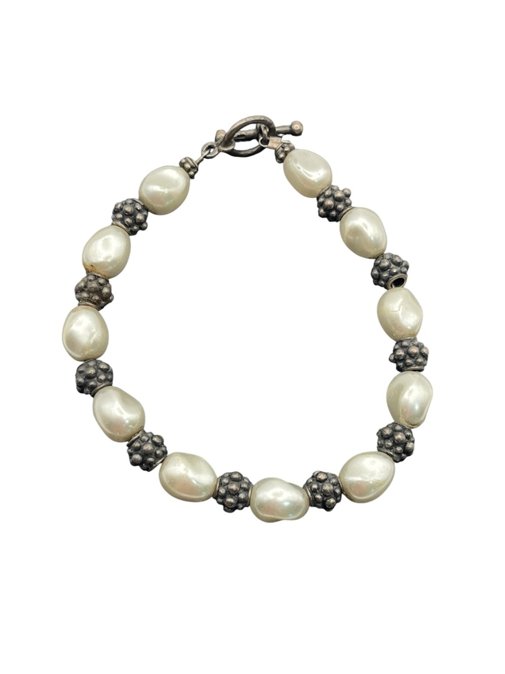 Sterling silver faux pearl beaded handmade bracelet toggle clasp
